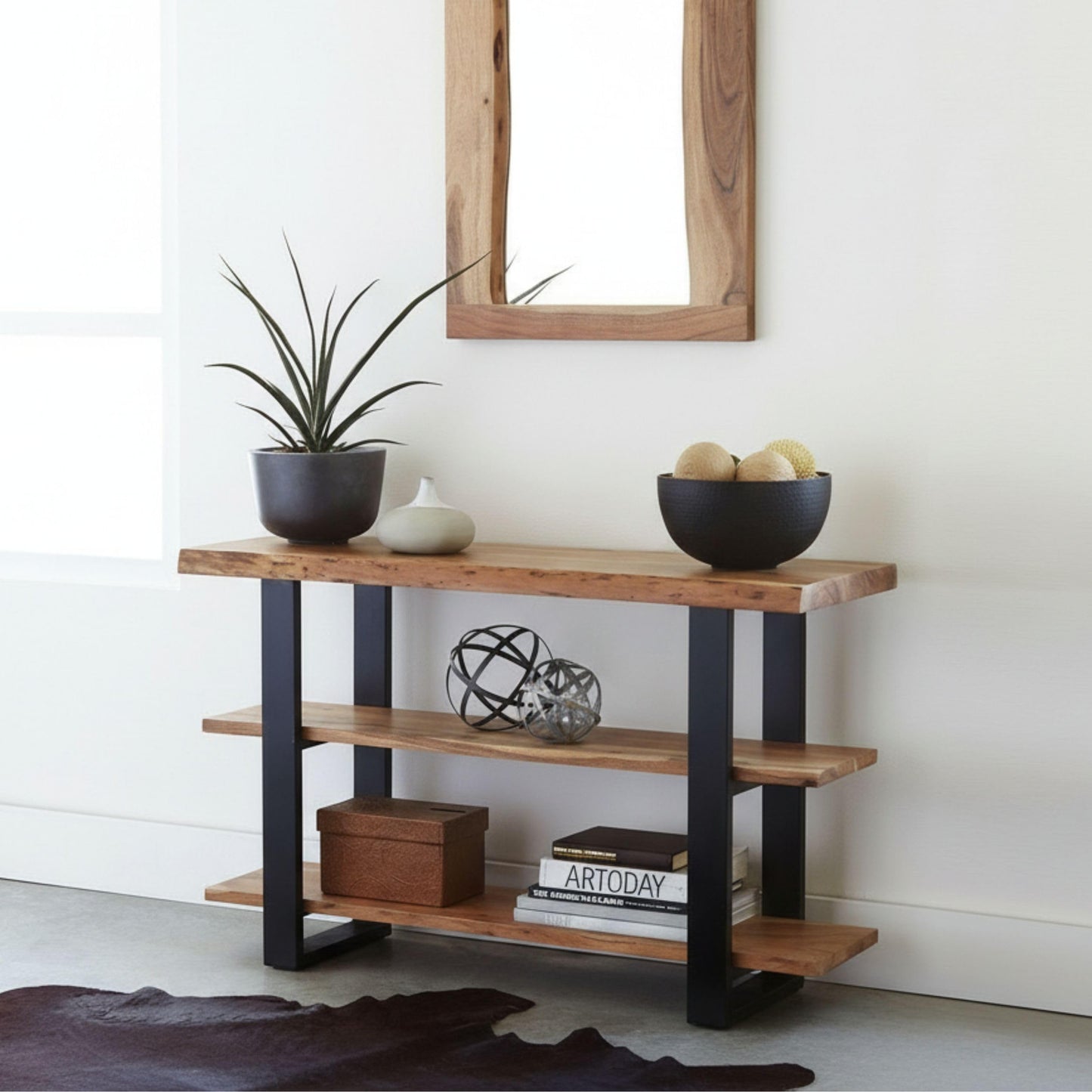Alpine 3-Tier Live Edge Console Table with Metal Frame – 48-Inch Solid Acacia Wood Entryway Table – Rustic Modern Industrial Sofa Table or Media Console by Alaterre Furniture (Natural Finish)
