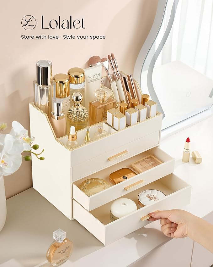 Lolalet Makeup Organizer for Vanity Desk, 4-Layer PU Leather Luxury Make Up Storage Cosmetics Holder Box with Drawers -Beige