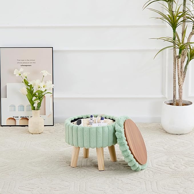 Wimarsbon Storage Ottoman, Modern Round Footrest with Soft Padded Seat, Teddy Velvet Footstool with Wood Legs, Accent Small Table or Plant Stand for Hallway, Living Room (Light Green)