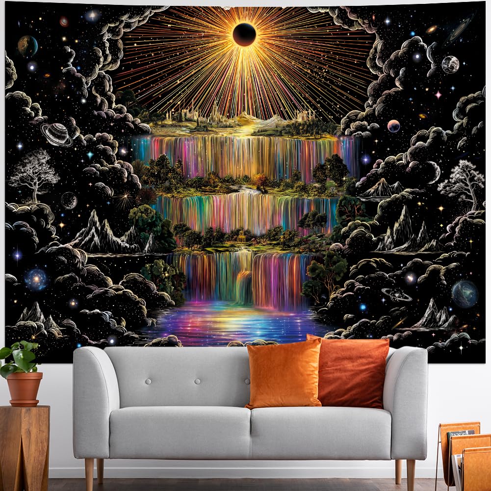 Lahasbja Galaxy Waterfall Tapestry Trippy Sun Wall Hanging Aesthetic Cosmic Space Tapestries Black and White Mountain Forest Trees Wall Decor Hippie Sketched Nature Landscape Backdrop for Bedroom