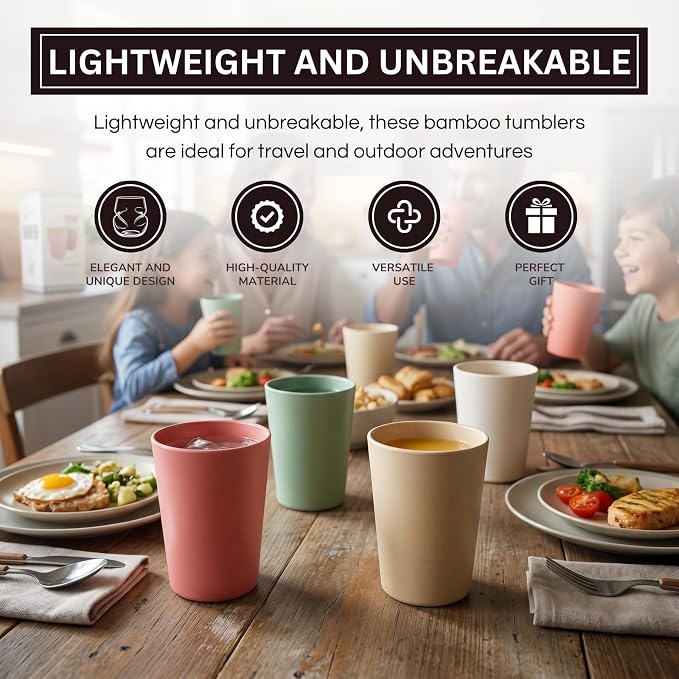 Wheat Straw & Bamboo Cups | Set of 6 Unbreakable 12oz Drinking Glasses, Premium, Reusable & Dishwasher Safe, 6 Vibrant Colors for Water, Juice or Coffee, Eco-Friendly Alternative to Plastic Glassware