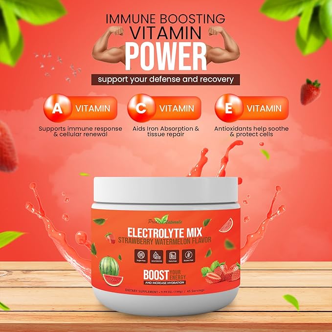 Electrolyte Powder - Refreshing Workout Recovery Electrolytes, Sugar Free, Gluten Free & Vegan, Pure Keto & Paleo Hydration Beverage, Immune Boosting Vitamins (198 Grams, Strawberry Watermelon)