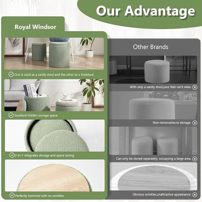Royal Windsor Boucle Round Ottoman with Storage Set of 2,Small Foot Stool Ottoman for Living Room,Small Coffee Table, Vanity Stool with Storage for Bedroom, Green
