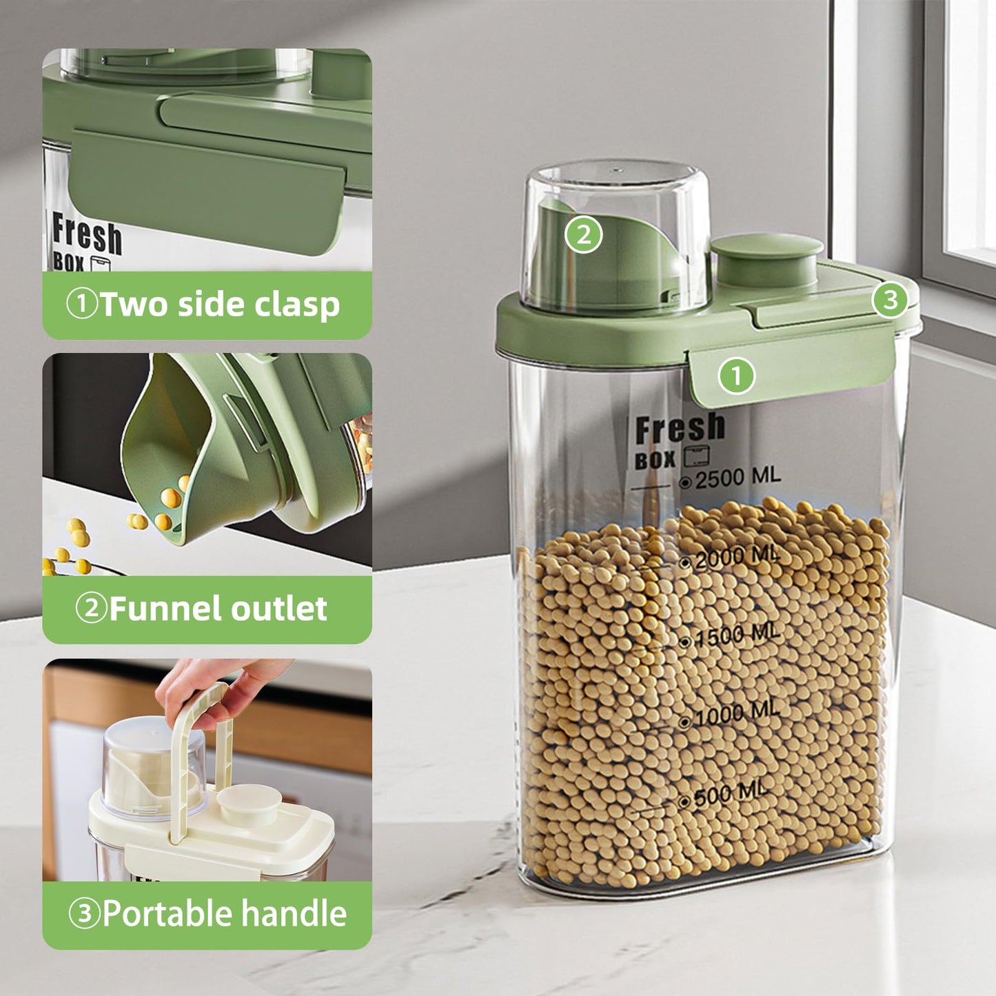 KTBLVFN Airtight Rice Storage Container,with Pour Spout & Measuring Cup, BPA-Free - Transparent Dry Food Canister for Cereal, Flour, Pet Food, Oatmeal, Pantry Storage (Light Grass Green, 1600ml)