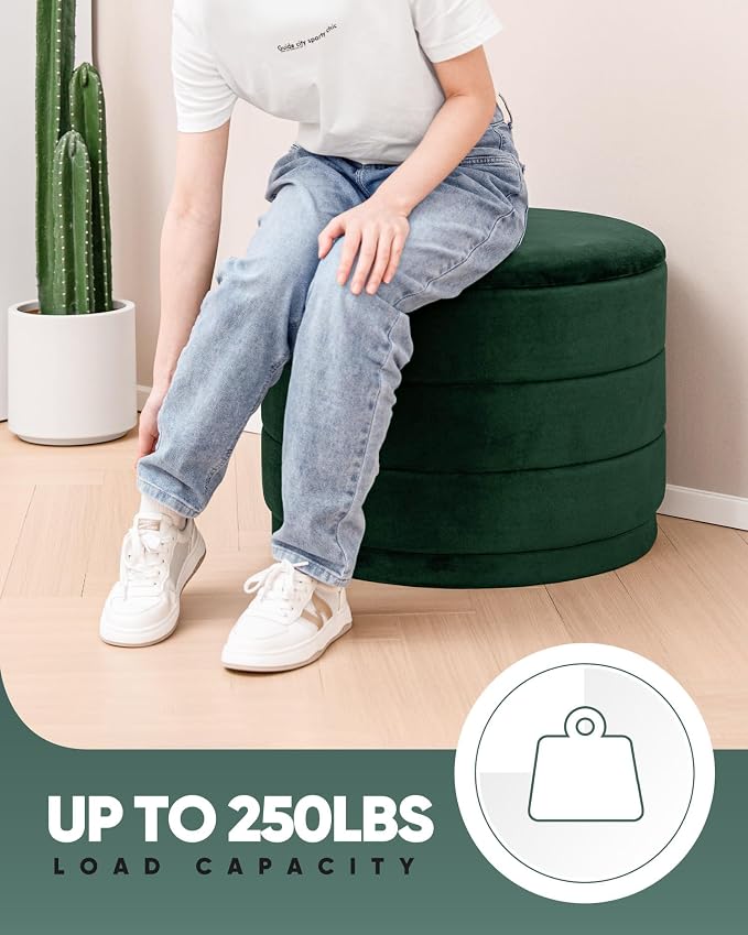 B FSOBEIIALEO Round Velvet Storage Ottoman with Tray, Folding Ottoman with Storage Coffee Table Foot Rest for Dorm Room, Living Room Bottle Green, 22.83"x22.83"x17.32"