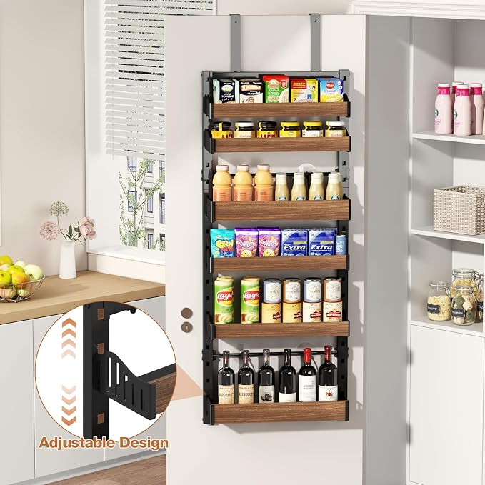 6-Tier Over The Door Pantry Organizer, Heavy-Duty Metal Wall Mount or Hanging Spice Rack, behind the door storage Shelves with Adjustable Basket, Back of Door Organizer for Kitchen Cabinet and Closet