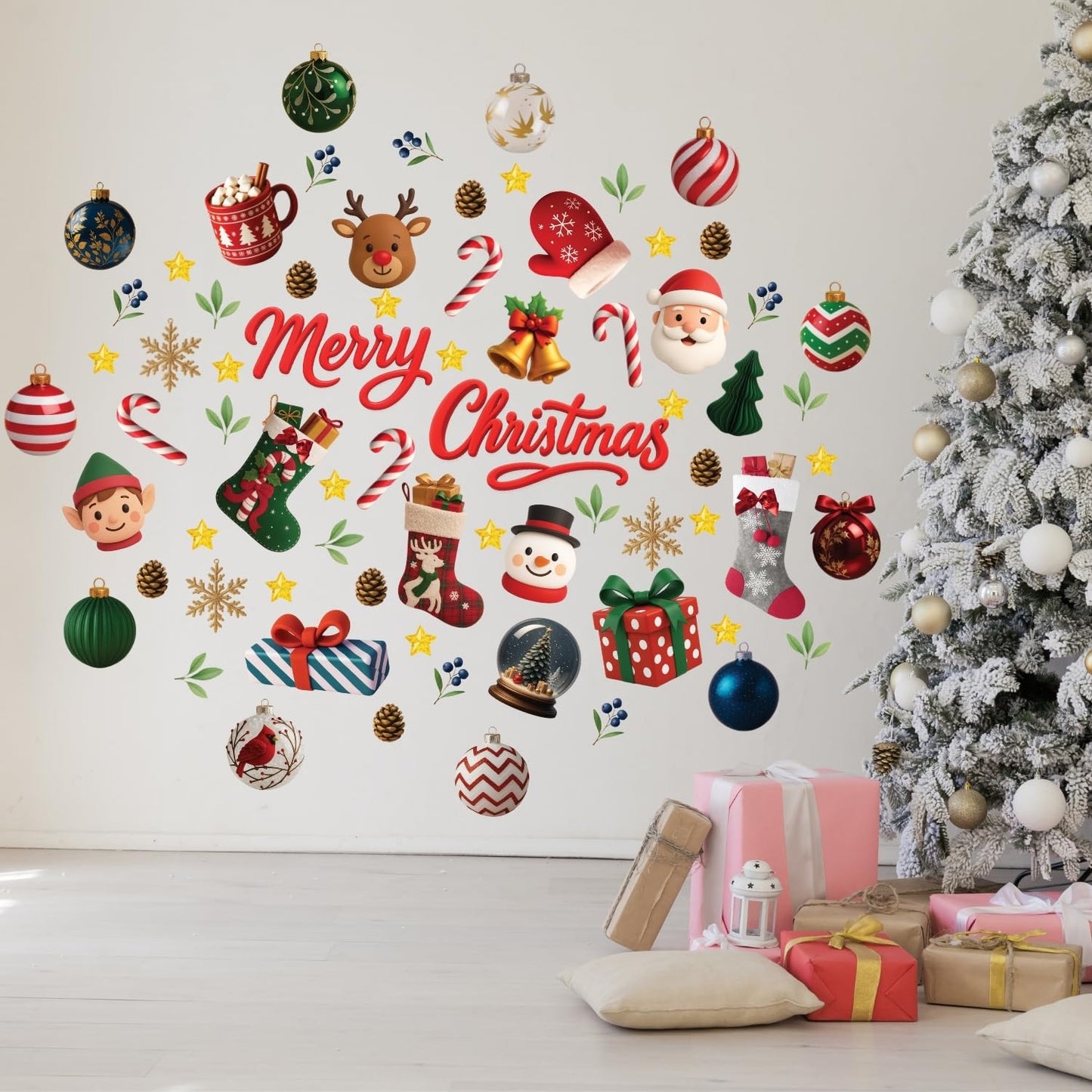 WALPLUS Christmas Decorations for Home Indoor Wall Stickers Wall Murals Decals Living Room Children Nursery Restaurant Cafe Hotel Home Decor Holly Jolly