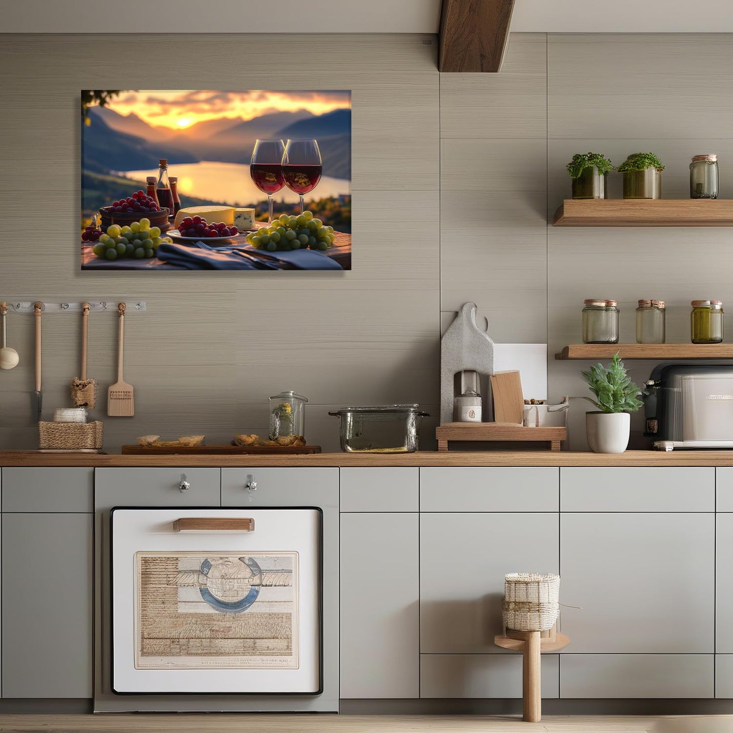 LYUNSHUO Kitchen Canvas Wall Art Wine Picture Decor Fruit Goblet Painting Prints Lakeside Sunset Landscape Romantic Poster Bar Restaurant Home Decoration Framed Ready to Hang(Art-3,12.00"x18.00")