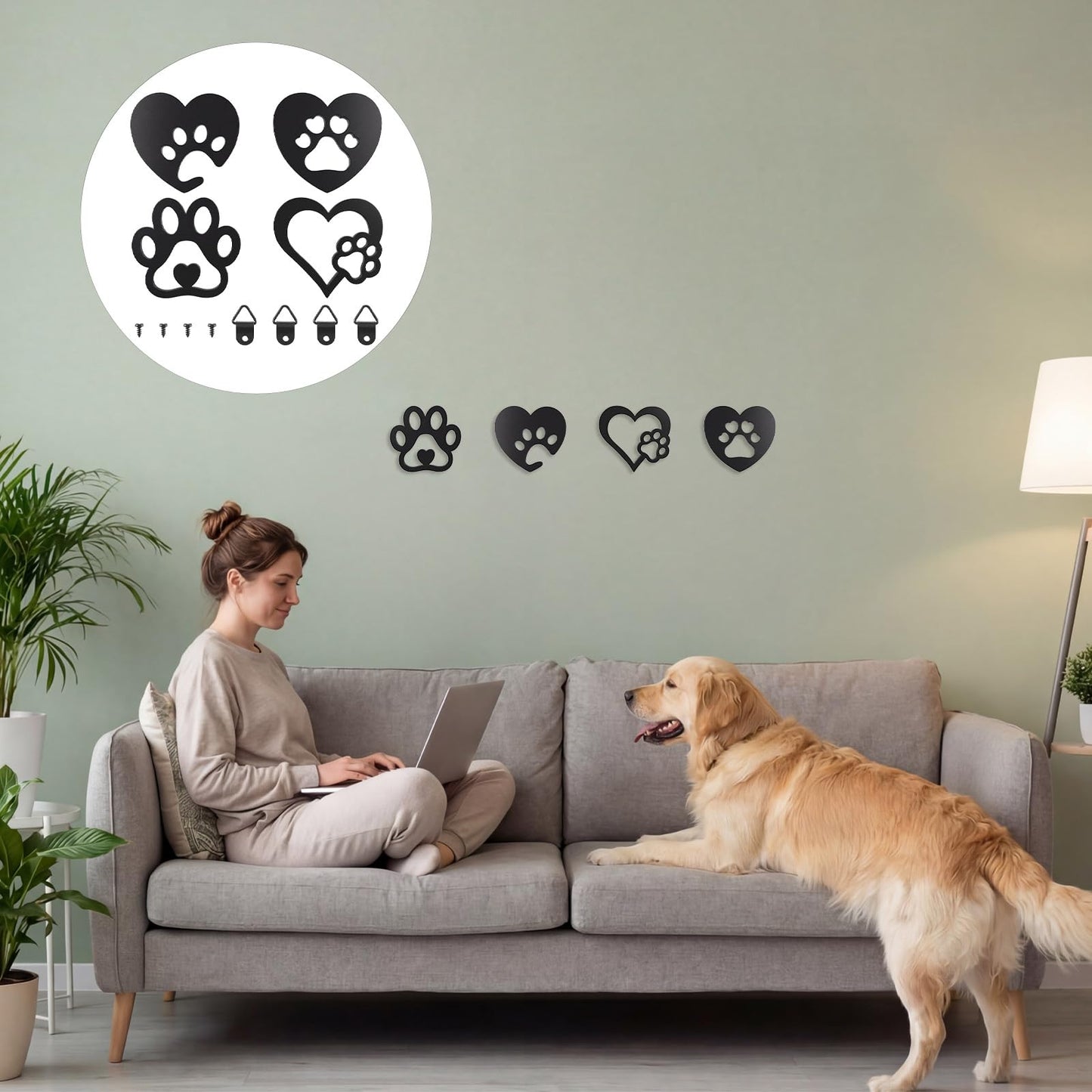 Dplolng Dog Wall Decor, 4PCS Paw Prints Wall Art, Black Dog Lovers Gifts For Home Kitchen Bathroom Bedroom Decoration