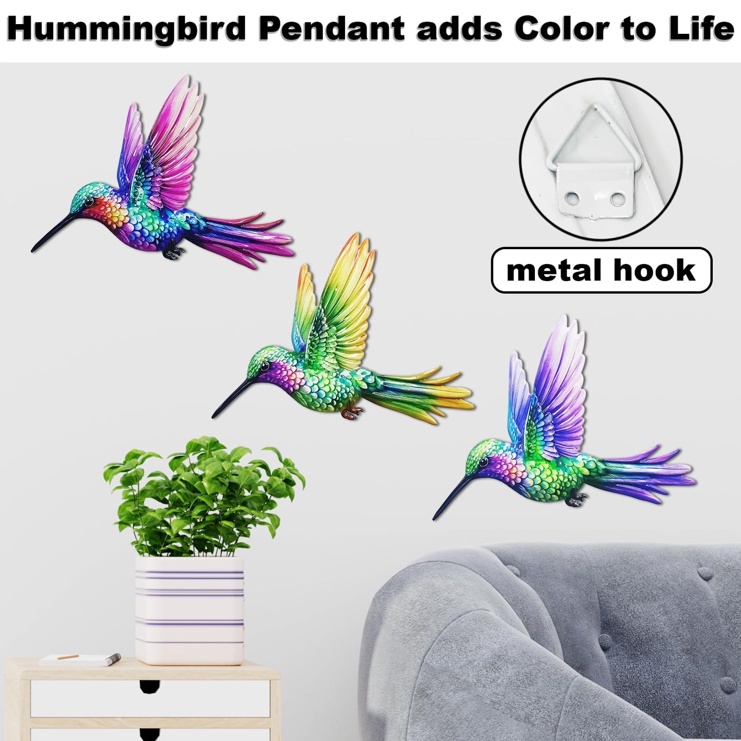 John's Studio 3Pcs Metal Hummingbird Wall Decor Outdoor Garden Hanging Art Sculptures Home Theme Decorations for Kitchen Bathroom and Pool