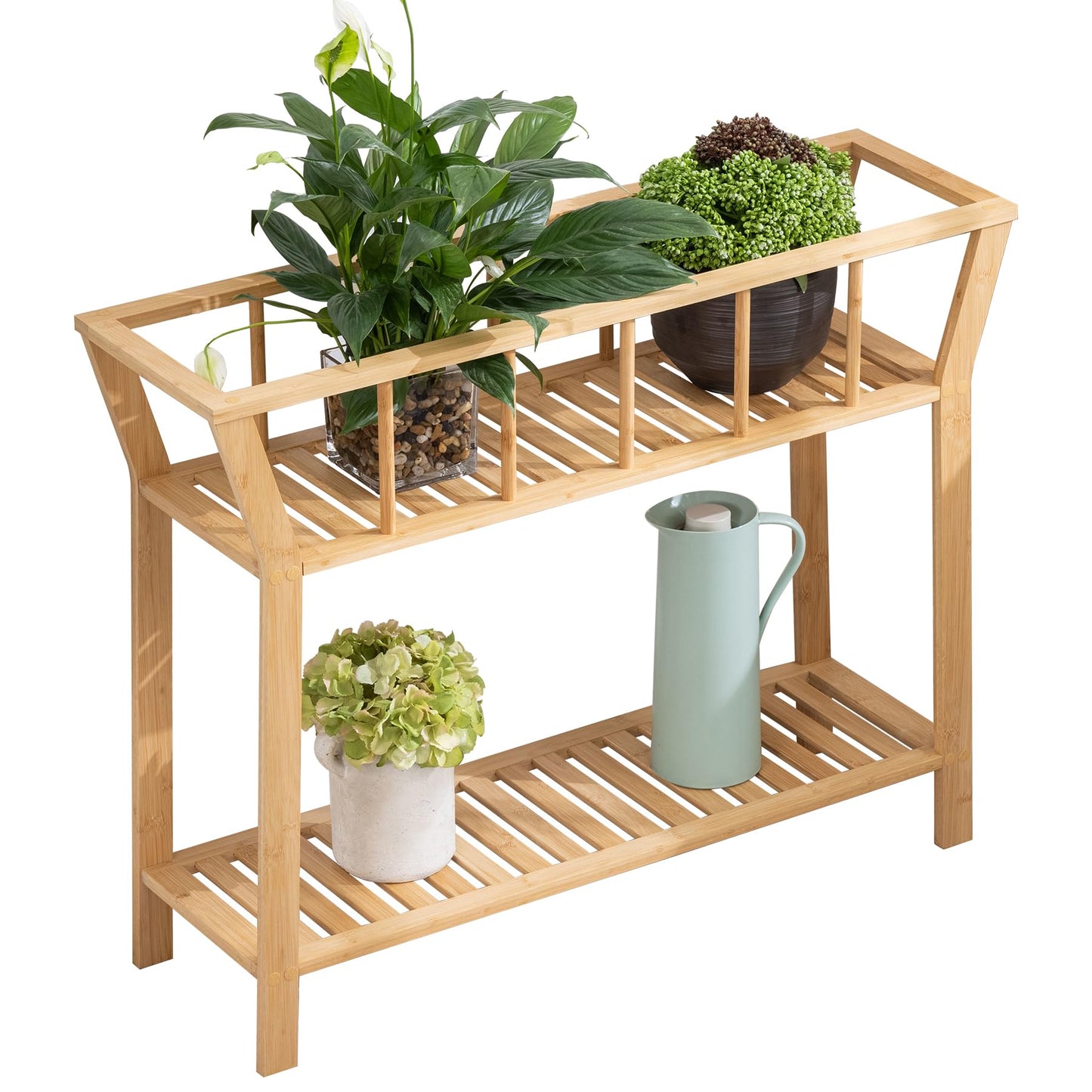 Nnewvante Bamboo Plant Stand Indoor 37.4"x11" 2 Tier Tall Plant Table Shelf Flower Pot Organizer Holder, Sofa Entryway Table for Window-sill Living Room Balcony