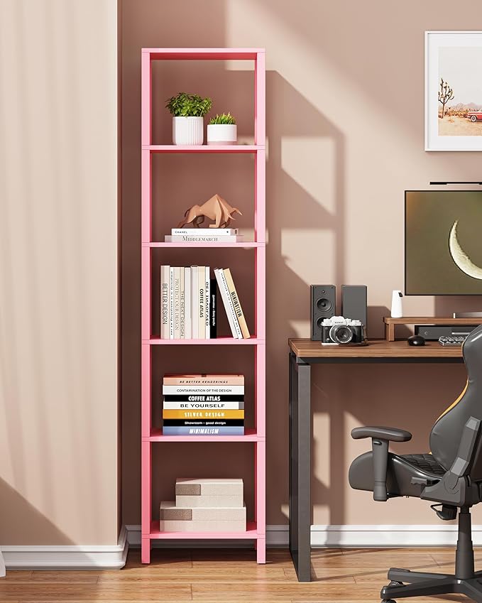 TUTOTAK Bookshelf, 6-Tier Tall Book Shelf, Narrow Bookcase for Small Space, DIY Stackable Bookshelf, for Living Room, Office, Study, Entryway, Industrial, Pink BS01BP006