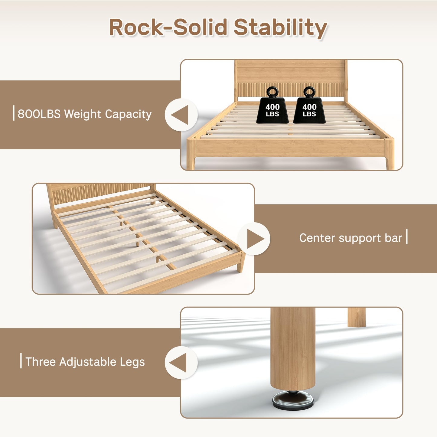 Bellemave Queen Bed Frame with Headboard, Solid Bamboo Platform Bed Frame & Wood Slats Support 800LBS, Japanese Bed Frame Queen Size, No Box Spring Needed, Easy Assembly, Noise Free, Natural