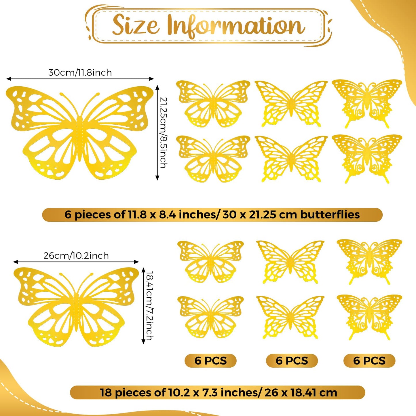 Yeaqee 24 Pcs Large Butterfly Party Decoration 3D Butterflies Wall Decor Set 2 Sizes 3 Styles Large Stickers for Birthday Baby Shower Nursery Bedroom Wedding Decor Cutouts (Gold)