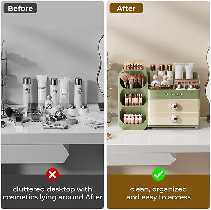 UFORU Makeup Organizer for Vanity with Brush Holder, Large Capacity Bathroom Countertop Skincare Organizer with 2 Drawers, Cosmetic Display Case for Perfumes, Eyeshadow Palettes, Nail Polishes