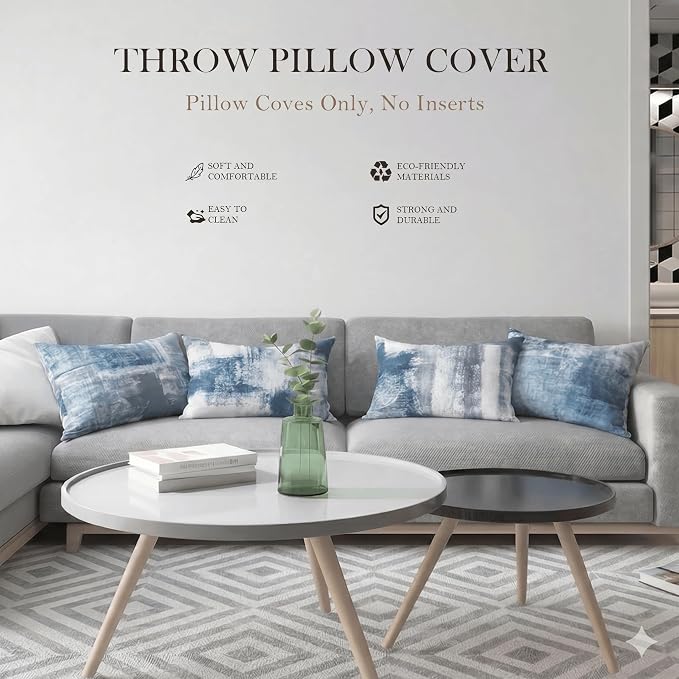 Set of 4 Abstract Art Throw Pillow Covers 12x20 Inch, Dusty Blue and Grey Modern Decorative Cushion Cases for Couch Sofa, Soft Velvet Double-Sided Print Washable Pillow Covers