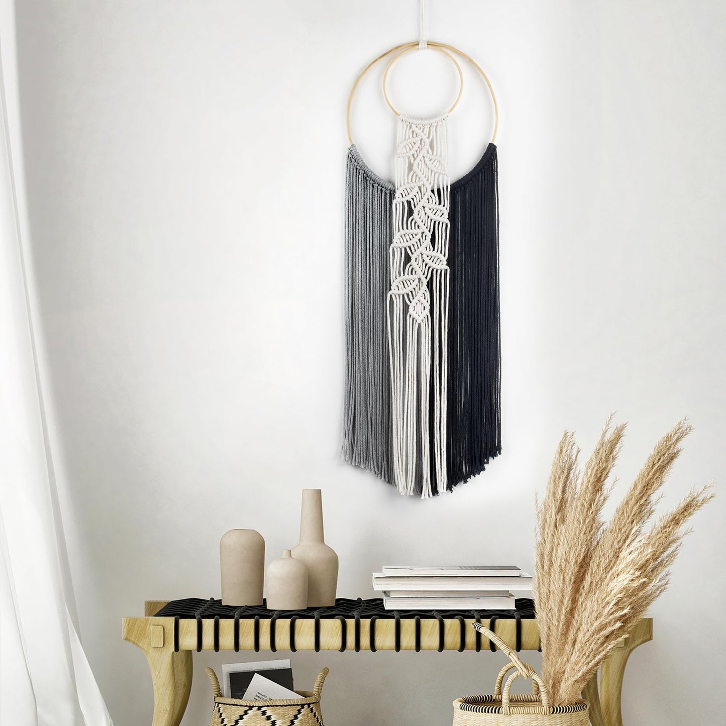 LB Boho Black White Grey Macrame Wall Hanging Hand Woven Leaf Pattern Tapestry Wall Art with Wood beads Modern Aesthetic Tassel Wall Decor for Home, Bedroom, Living Room