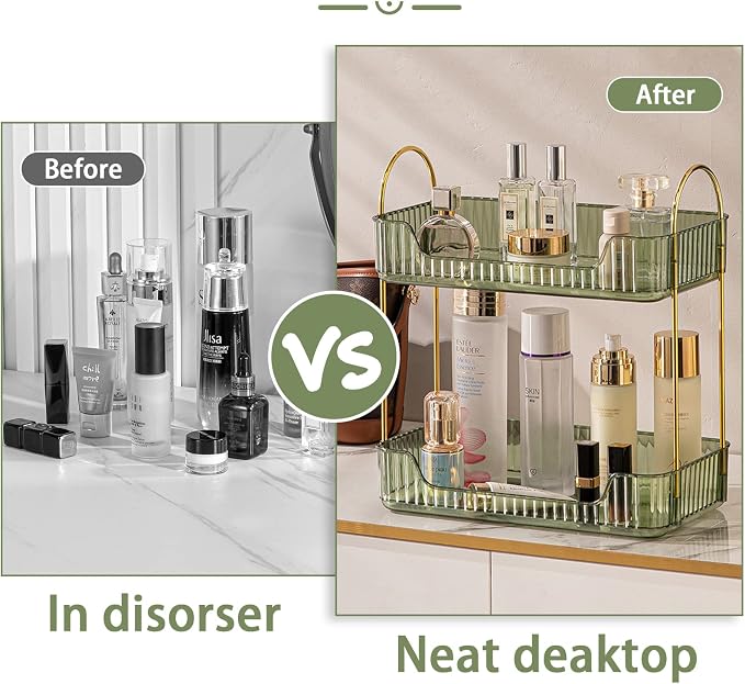 shuang qing Bathroom Counter Organizer Countertop Storage, Cosmetics Skincare Shelf, Makeup Organizer Perfume for Dresser Vanity Tray, Spice Rack for Kitchen(2 Tier-Green)
