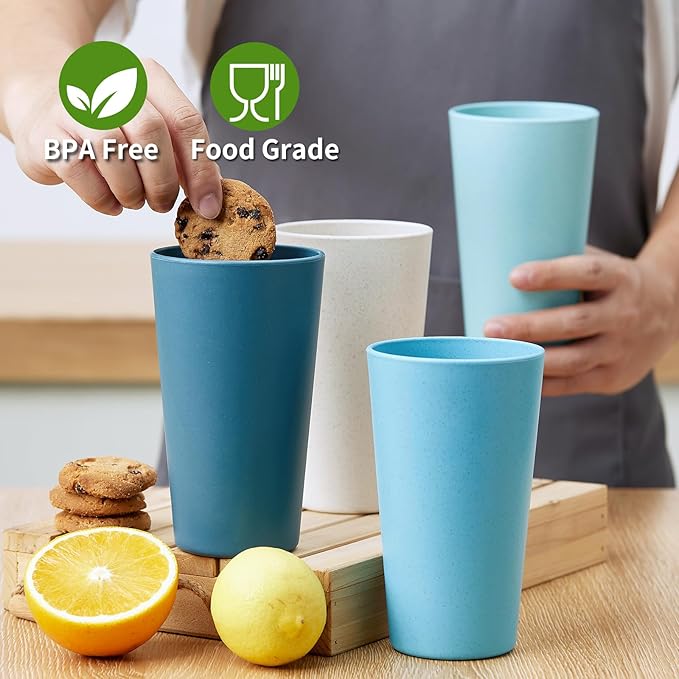 Hlukana Wheat Straw Cups Set of 8, 20 oz Unbreakable Drinking, Chip Resistant, Reusable Water Set, Large for Kitchen, Camping, BPA Free Cups, Dishwasher & Microwave Safe Tumbler