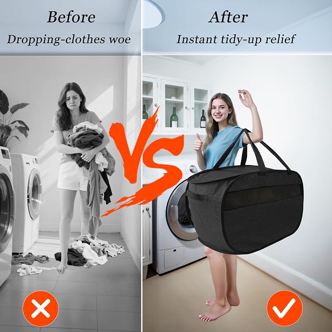100L Extra Large Mesh Pop Up Laundry Hamper with Lid & Handles 2 Pack, XL Foldable Dirty Clothes Basket for Home Dorm Closet Storage, Portable Laundry Bin, Black. 2H