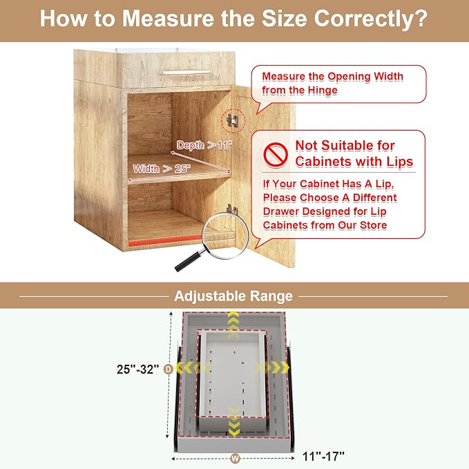 Pull out Cabinet Organizer,Width (11"-17") and Depth (25"-32") Expandable With 3 Rails,No Drill Adjustable Slide out Drawers for Kitchen,Pantry,Adhesive Roll out Shelves,for Cabinets Without Lip,White