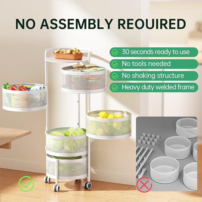 JAQ No Assembly 5-Tier Kitchen Storage Cart with Wheels, Rotating Produce Organizer for Onion, Potato & Vegetable Storage, Large Capacity Pantry Rack, White