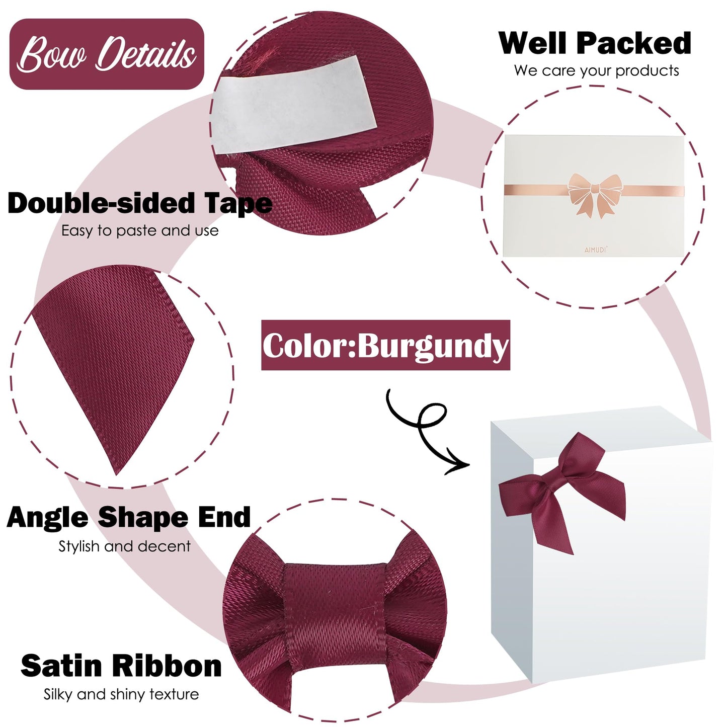 AIMUDI Burgundy Satin Ribbon Bows 2" Self Adhesive Satin Bows for Gift Wrapping Premade Bows with Double-Sided Tape for Making Crafts Baby Shower Birthday Party Wedding Decorations, 50 PCs