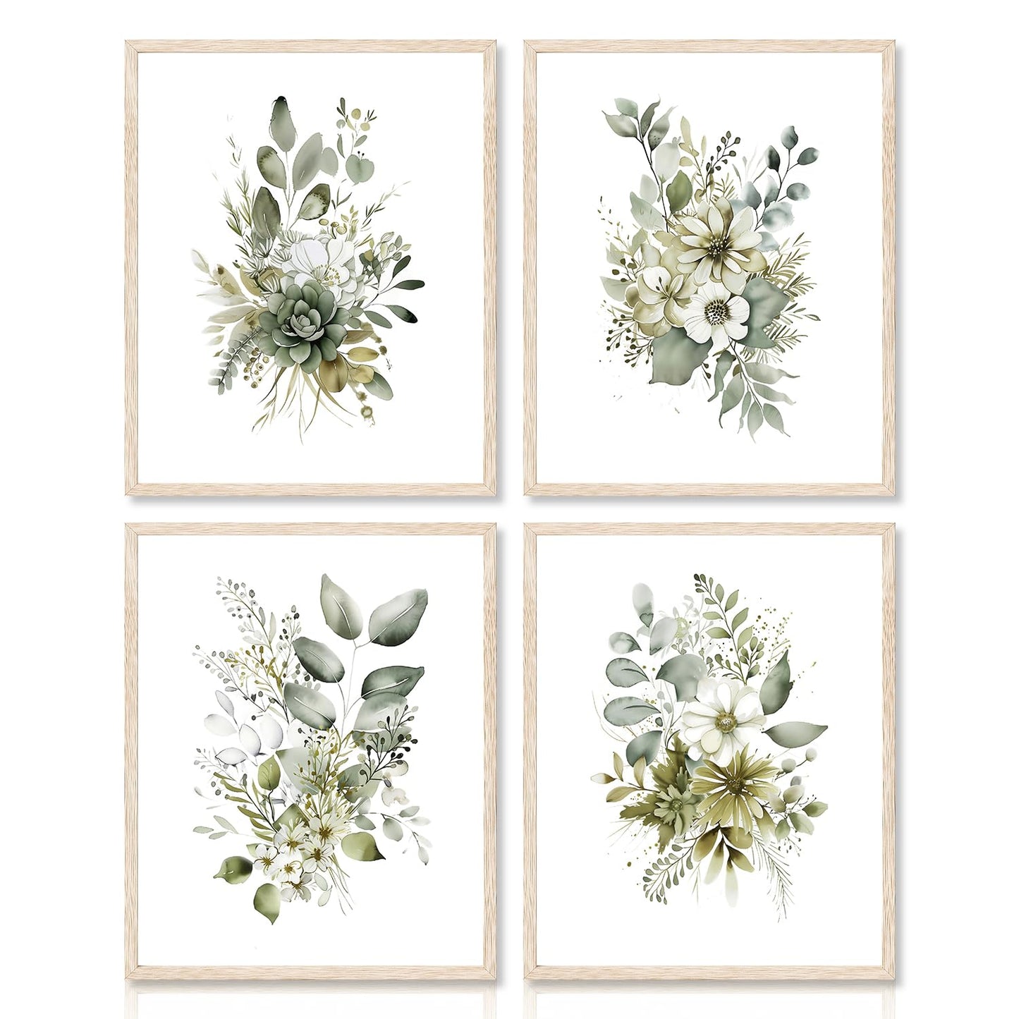 Dazzlewall 4pcs Botanical Wall Art Prints, Boho Sage Green Leaves Watercolour Artwork Print, Minimalist Wall Decor for Bedroom Living Room Bathroom, 8x10 in Unframed