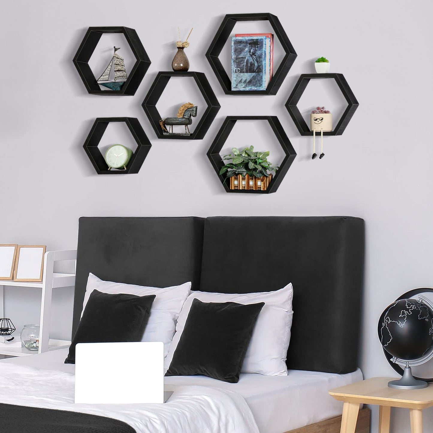 YBING Hexagon Floating Shelves Black Hexagon Shelves for Wall Wood Farmhouse Storage Honeycomb Shelves Set of 6 Hexagon Wall Mounted Home Decor Storage Shelves for Living Room Bedroom Office