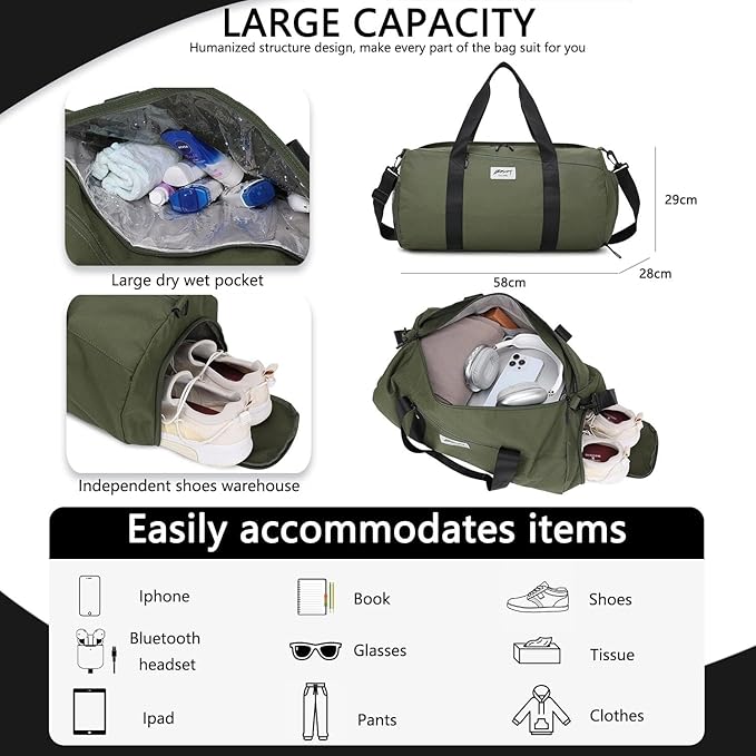 BE SMART Waterproof Mens Gym Bag with Shoe Compartment, Duffle Bag with Wet Pocket for Men, Lightweight Large Sport Duffel Bag NO Tpu Pocket for Overnight Weekender, Fitness, Swim, Boxing,Travel