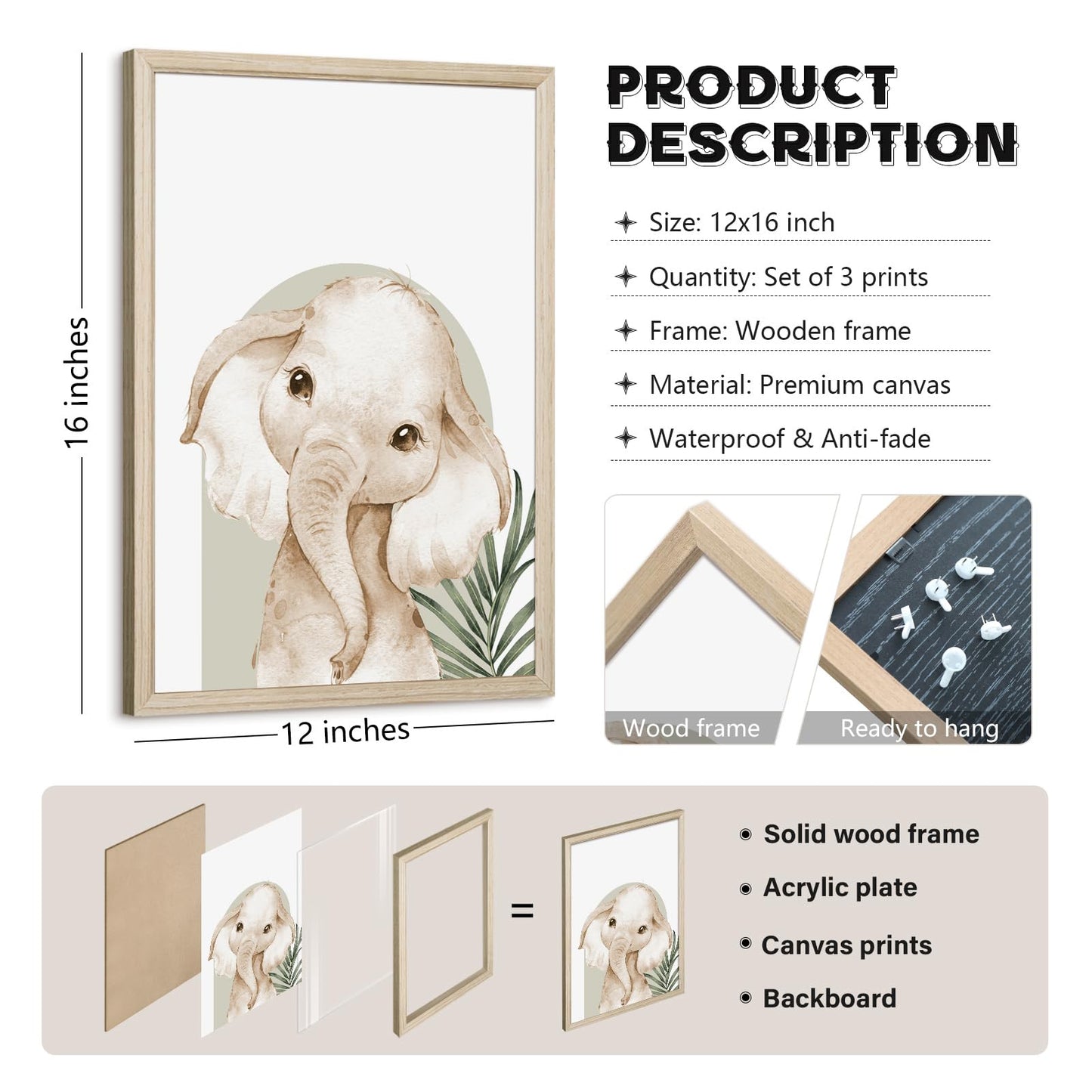 Animal Wall Art Pictures Baby Nursery Canvas Wall Art Decor Safari Animal Prints Jungle kids Wall Art Woodland Nursery Wall Decor Giraffe Jungle Poster for Room 12x16 Inch Wood Framed Set of 3