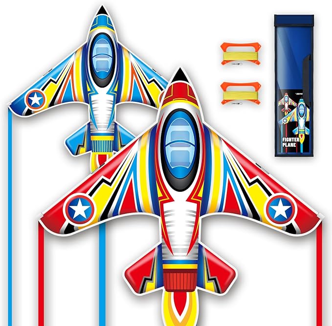 Extremely Easy to Fly Two Piece Plane Kite Set for Kids,Single Line String with Tail for Beach Kites,Durable Outdoor Fun Vibrant Colors Wite Ideal for Beach and Park (Plane Red+Plane Blue, 2)