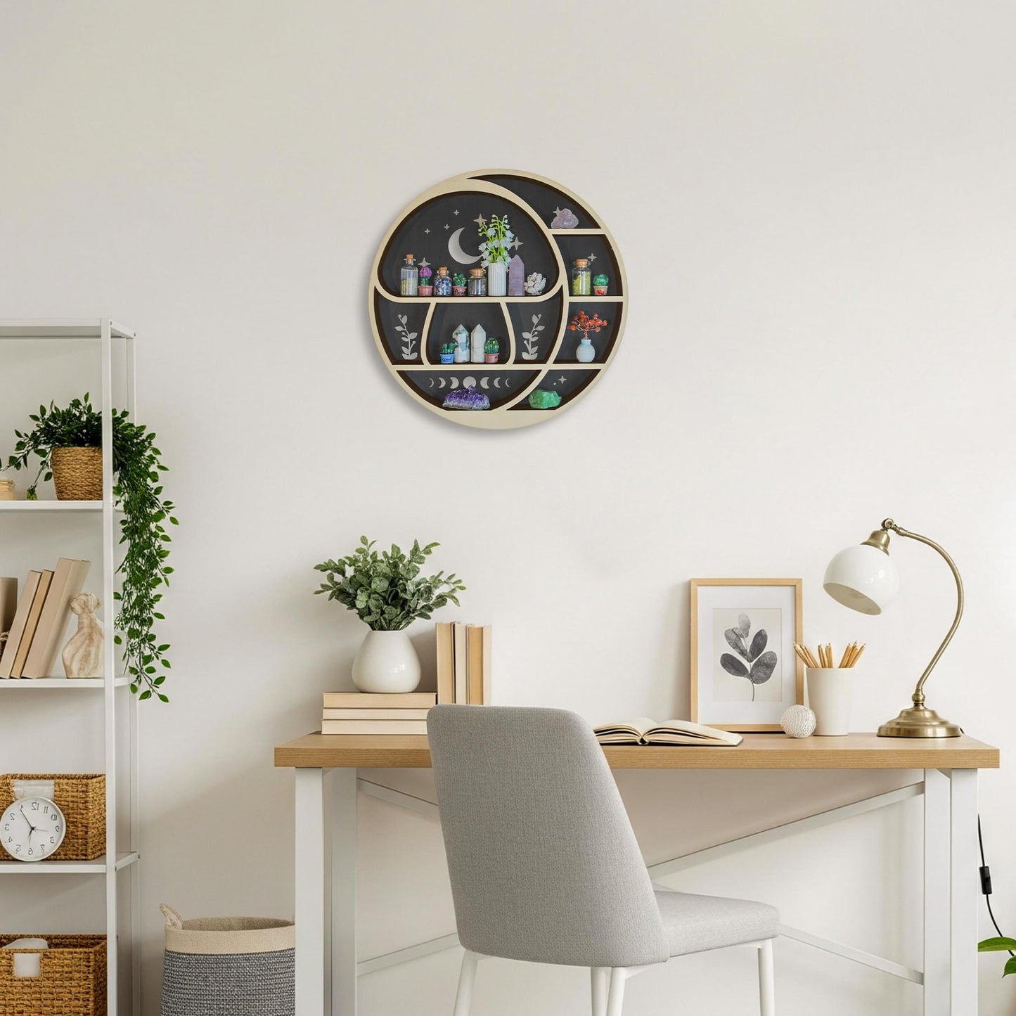 Circle Mushroom on The Moon Wall Shelf with LED Light, Wooden Trinket Knick Knack Shelf, Mushroom & Moon Decor Crystal Display Shelf for Rocks Gems Healing Stones, Cute Crystal Holder Organizer