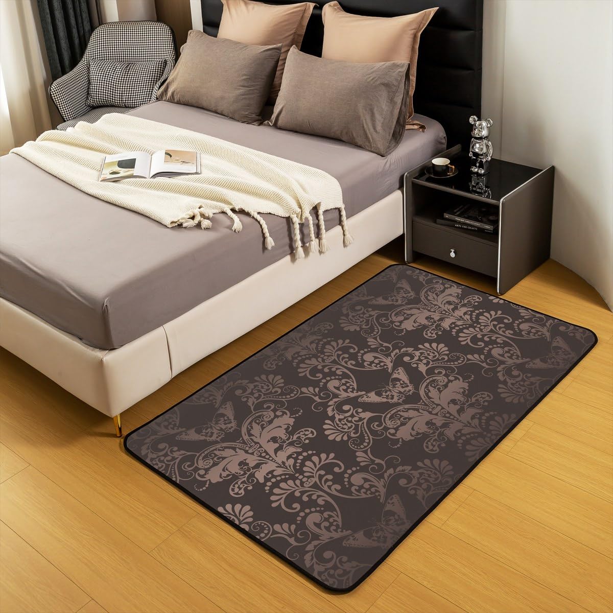 Adult Bohemian Exotic Indoor Floor Mat 3x5 Jacquard Damask Carpet Antique Victorian Baroque Area Rug Butterfly Floral Pattern Decorative Rug for Bedroom Living Room Non Slip,Brown Black