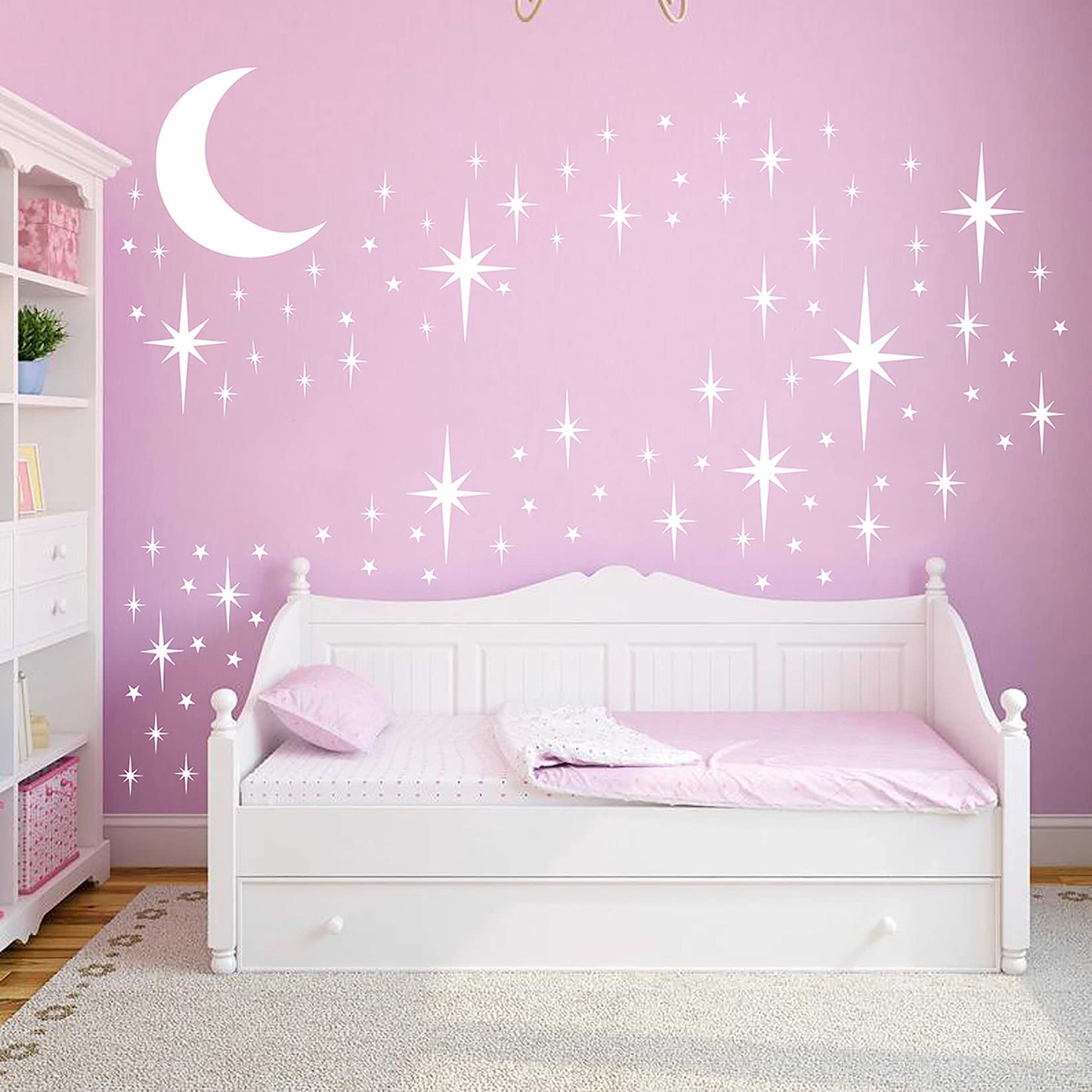 Stars and Moon Wall Decal Star Decals for Walls Nursery Wall Decal White Stick on Stars Vinyl Walls Stars Sticker Removable Peel and Stick Vinyl Stickers for Kids Girls Bedroom