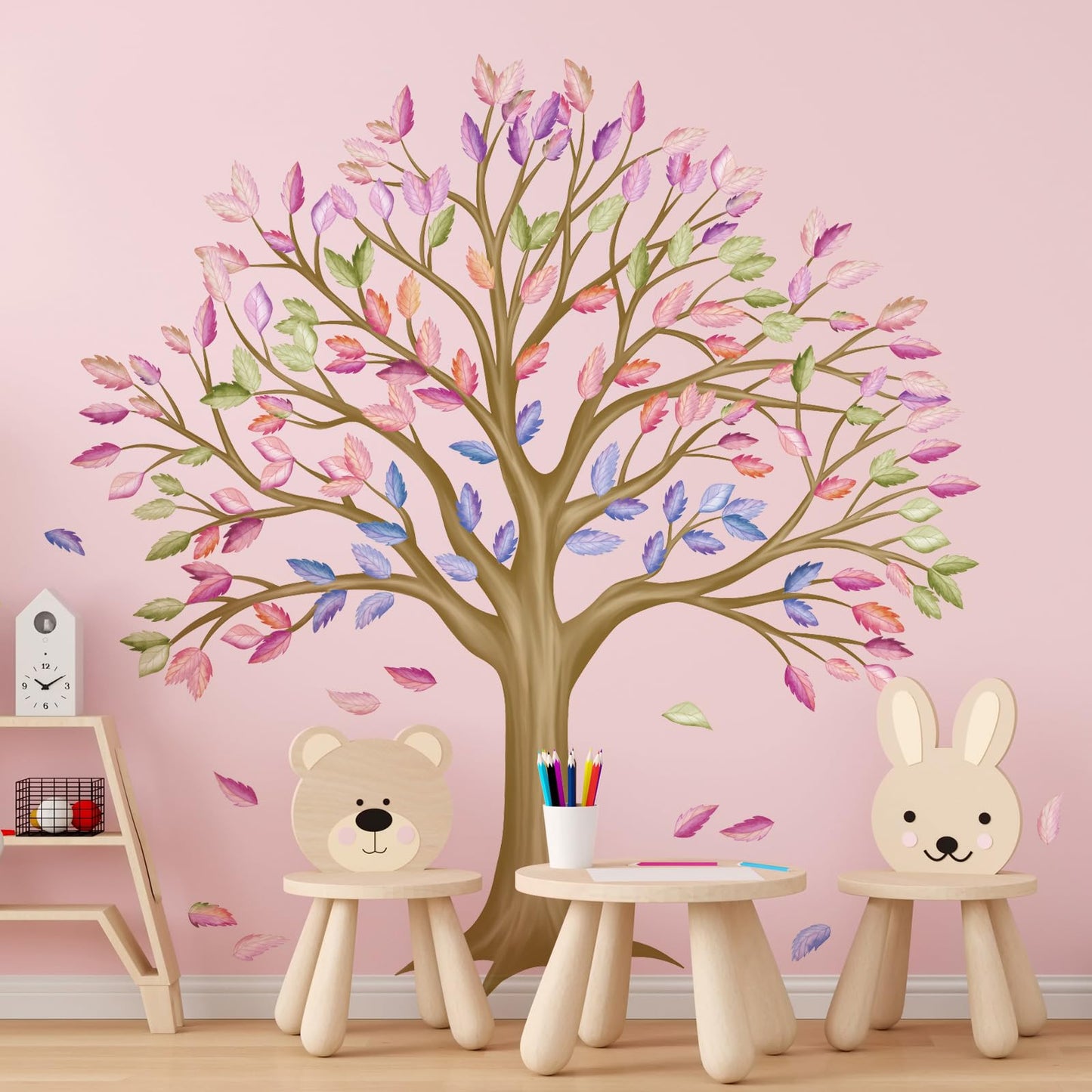 RAINBOW WSK Large Brown Tree Wall Decals Colorful Leaves Wall Stickers Peel and Stick Family Classroom Removable Vinyl Decals for Kids Room Nursery Living Room MUP1854