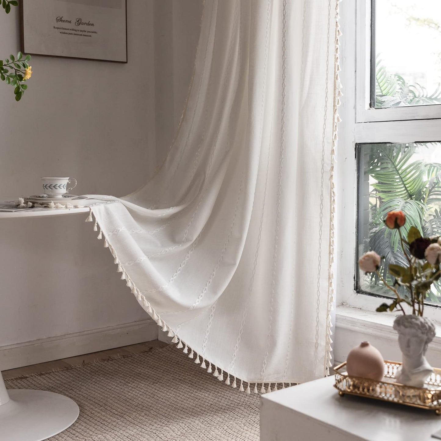 BCLBUSTE Boho Curtains - Embroidery Linen and Cotton 63 Inch Length 2 Pannels for Living Room, Cream Off White Light Filtering Farmhouse Curtains with Rod Pocket Draperies 52" W x 63" L