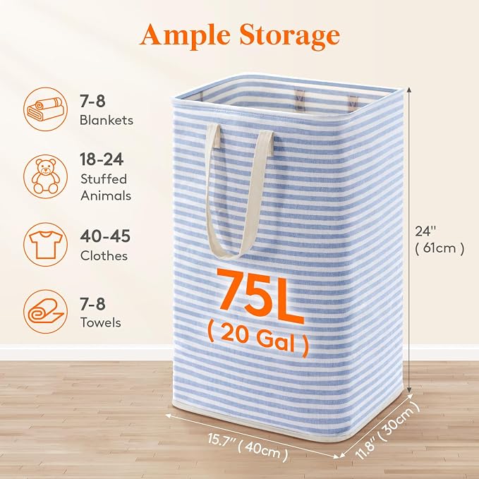 Lifewit 75L Large Collapsible Laundry Hamper, Tall Foldable Dirty Clothes Baskets Waterproof, Freestanding Design with Easy Carry Handles in Dorm Bedroom Bathroom College, Dark Blue