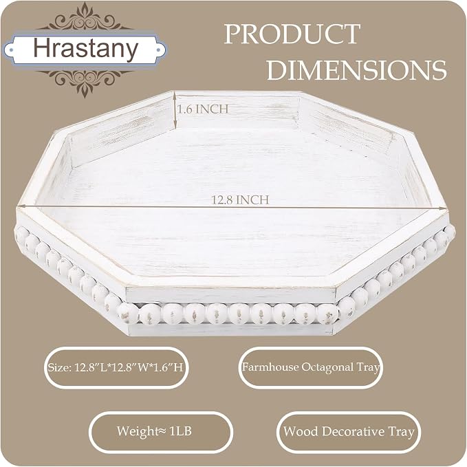Hrastany Whitewashed Octagonal Wood Decorative Tray, Small Farmhouse Wooden Serving Tray with Beads, Versatile Shabby Chic Coffee Table Tray for Kitchen Counter, Ottoman, Living Room