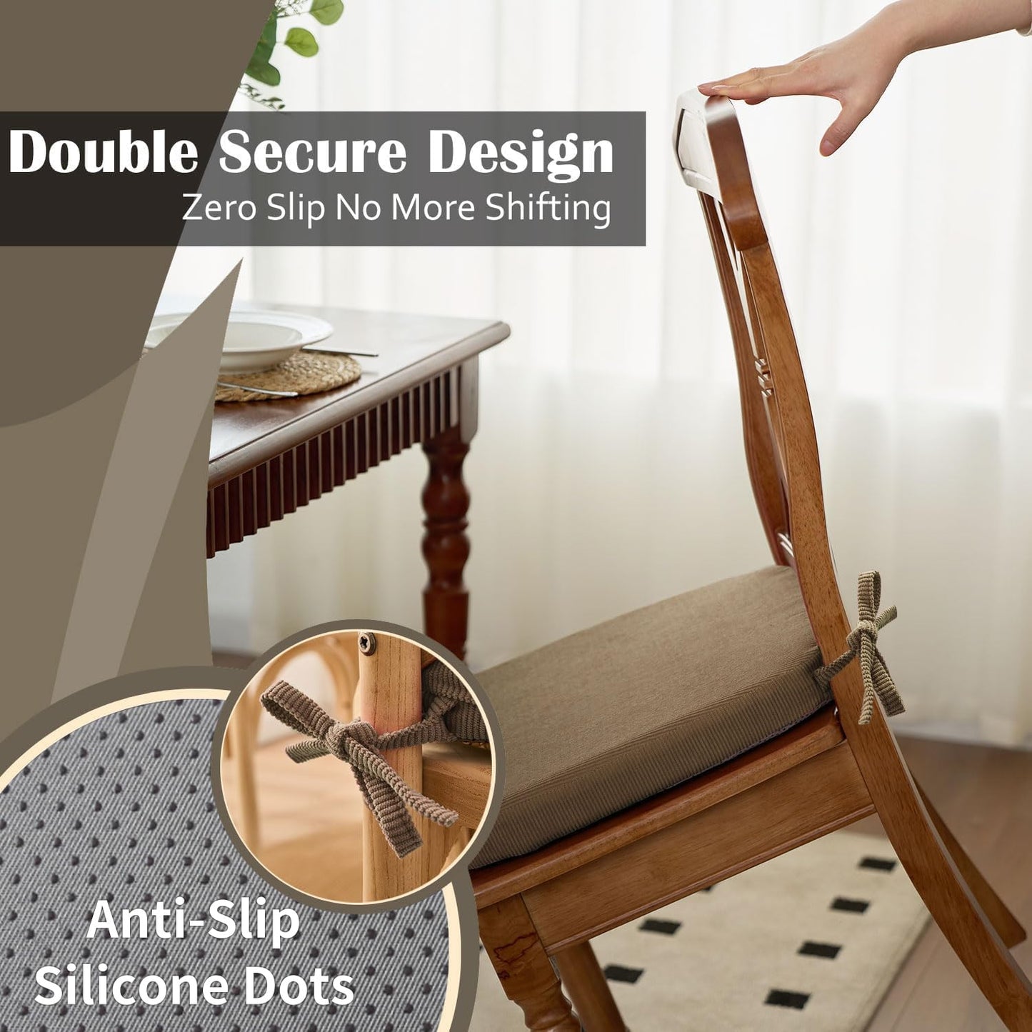 Nobildonna 2'' Thick High-Density Foam Indoor Chair Cushions | Dining Chair Pads with Ties, Removable Washable Cover, Kitchen Chair Cushions 17"x16",Light Brown 4 Pack