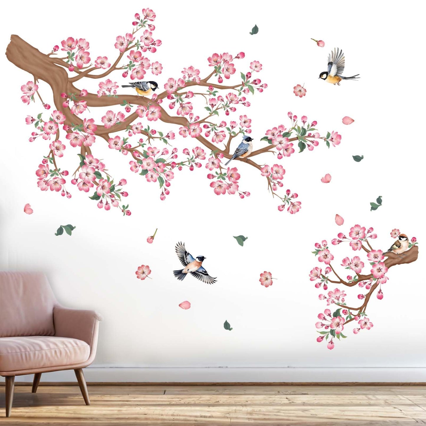 Cherry Blossom Wall Stickers for Bedroom: Peel and Stick Pink Flower Tree Branch Bird Wall Decals - Living Room Bathroom for All Adults