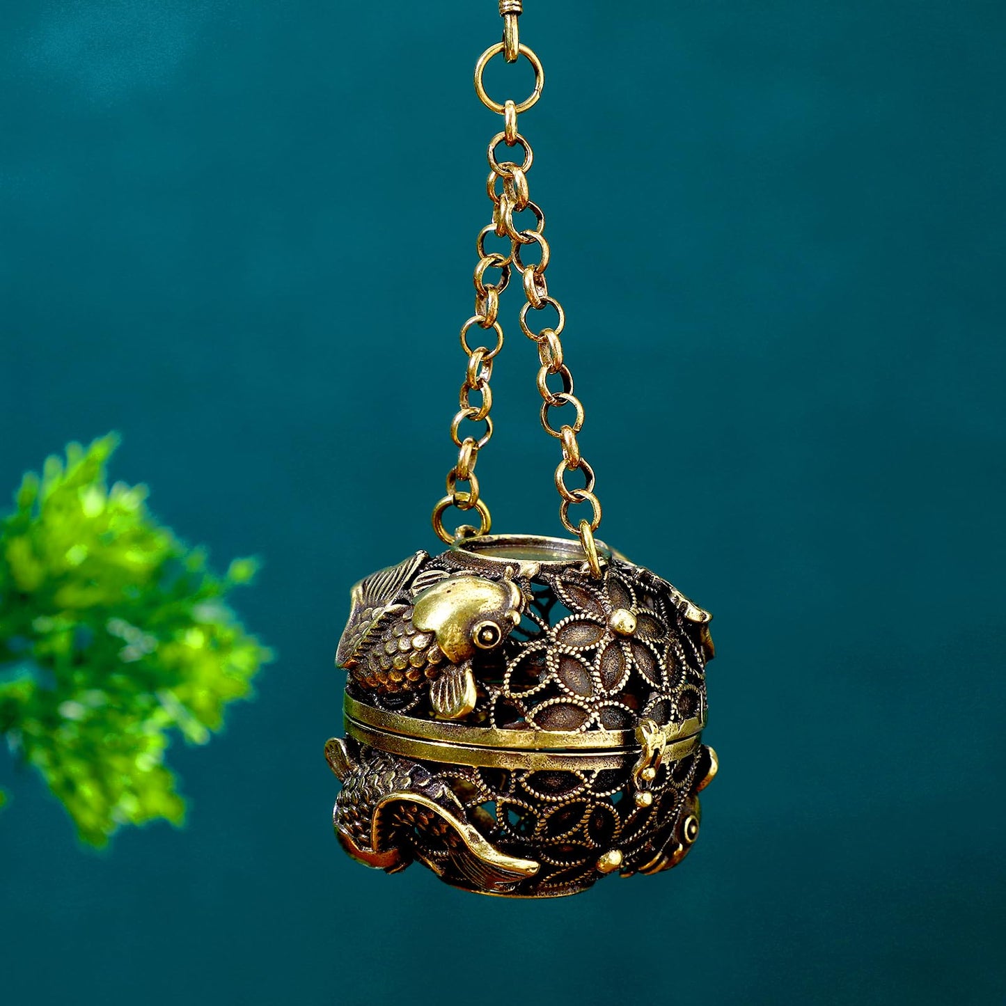 PRETYZOOM Hanging Backflow Incense Burner Ball Shaped Carved Fish Cone Incense Holder Cone Incense Copper Frankincense Burner Hollow Aromatherapy Furnace for Home Office Decoration