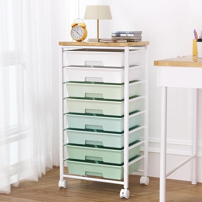 Rolling Cart with 8 Drawers, Storage Drawers Cart with Wooden Tabletop and Lockable Wheels, Craft Storage for Living Room, Office, Classroom, Craft Room, Bedroom