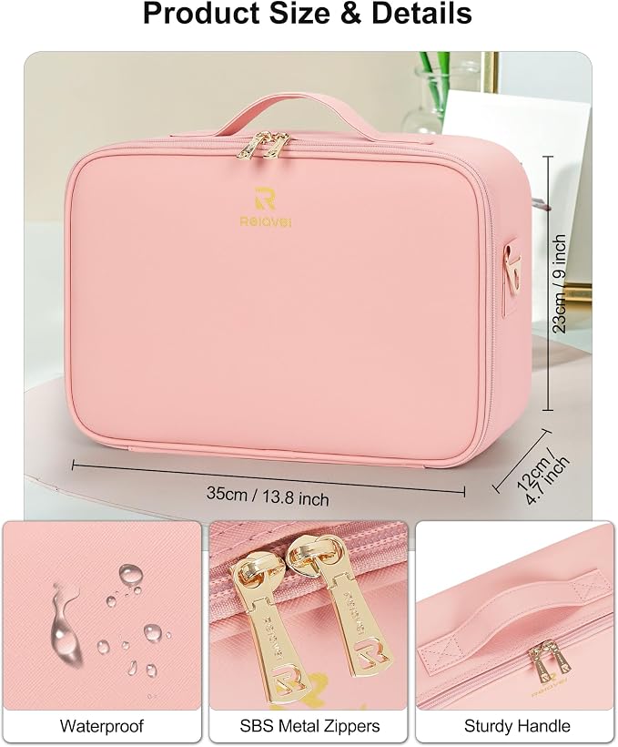 Relavel Travel Makeup Bag With LED Mirror, Portable Cosmetic Bag Organizer with Adjustable Brightness in 3 Color Scenarios, Professional Large Cosmetic Train Case with Shoulder Strap - Pink