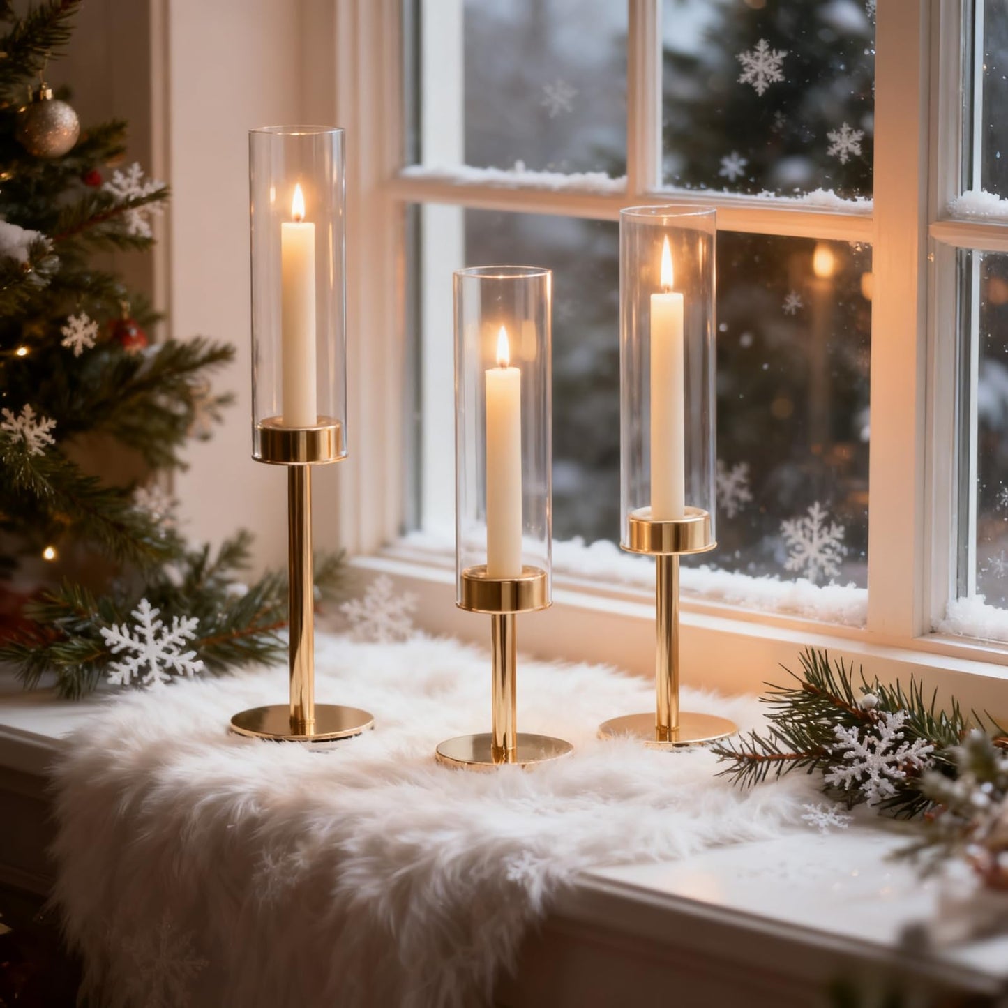 Gold Hurricane Candle Holders Set of 3, Tall Metal & Windproof Glass Taper Candle Holders, Brass Candlesticks Holder Decorations, Table Centerpieces for Weddings, Christmas, Parties, Fireplace Decor