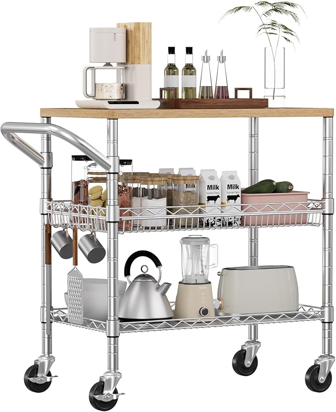 WDT 3 Tier Rolling Kitchen Carts with Wheels, Heavy Duty Rolling Utility Cart with Wood Tabletop, Commercial Grade Metal Cart with Handle and Hooks, NSF Storage Serving Island Carts, Light Wood+Metal