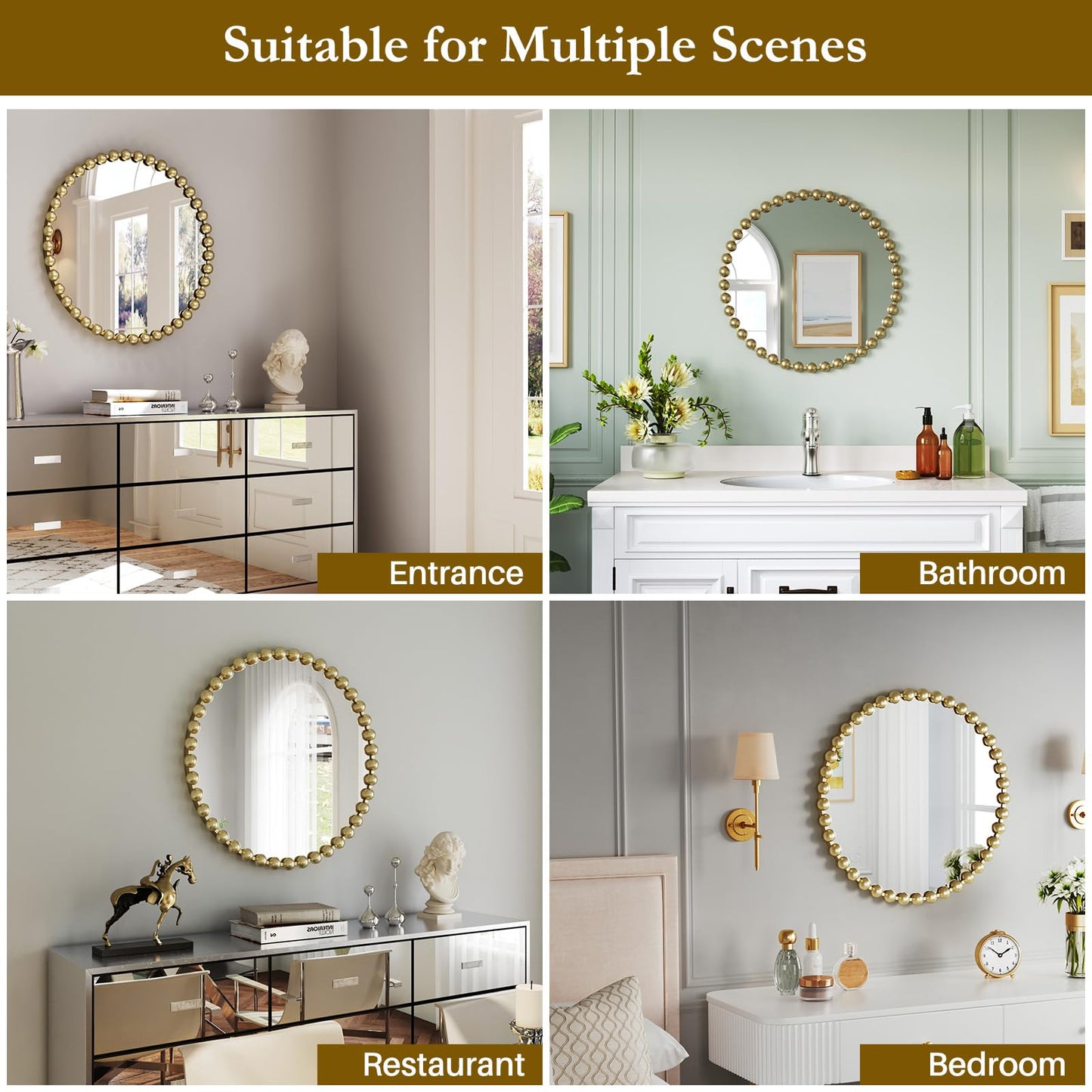 PERHOM Wall Mirror Decor Modern - Round Gold Large Beaded Mirror Decor,Circle Wall Mirror for Hallway,Bathroom,Living Room,Dining Room,Badroom,Entryway,27'' Metal Framed