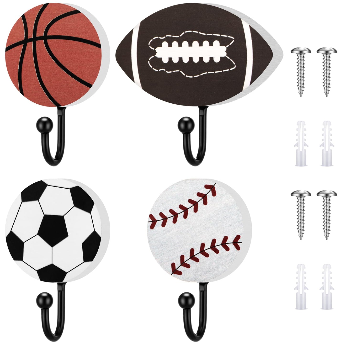 Marsui 4 Pcs Sports Hooks for Wall, Baseball Football Soccer Basketball Sports Room Decor, Wood Towel Coat Hook with 8 Screws, Wall Mounted Decor for Bathroom Nursery Bedroom(Flat Single Hook,2 Inch)
