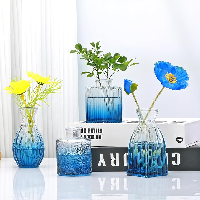 Mapoxy Glass Bud Vases Set of 4,Small Deep Blue Flower Vases for Wedding Centerpiece Table Decorations,Clear Vintage Embossed Mini Vases,Flower Arrangements in Vases for Party or Home Decor
