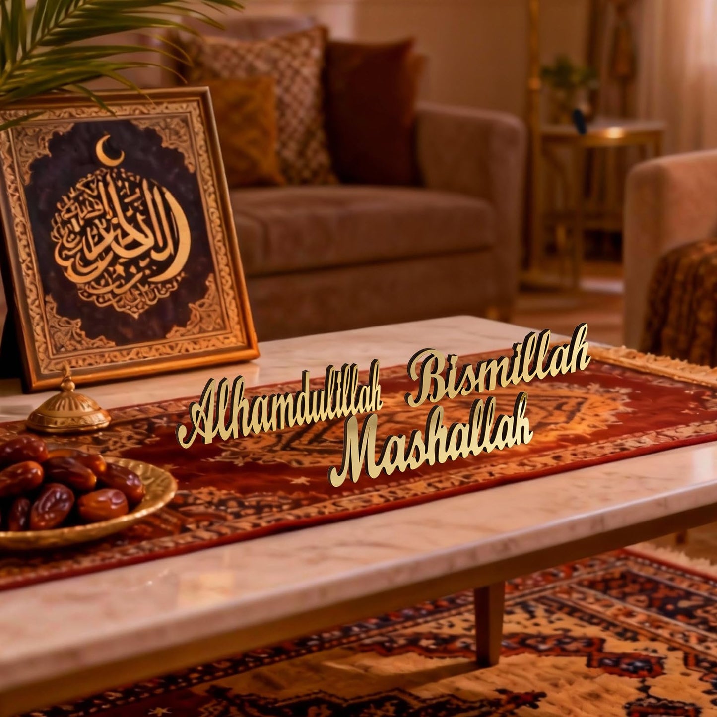 flangairy 3 Pcs Ramadan Decorations Home 2026, Wooden Gold Acrylic Bismillah Alhamdulillah Mashallah Sign, Wood Eid Mubarak Islamic Allah Table Stand Fireplace Office Desk Mosque Decor, Muslim Gifts